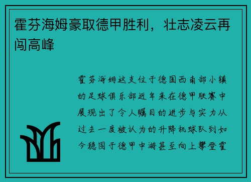 霍芬海姆豪取德甲胜利，壮志凌云再闯高峰
