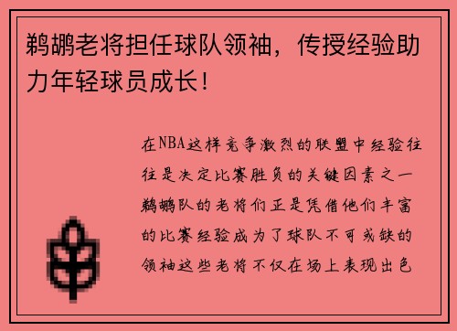 鹈鹕老将担任球队领袖，传授经验助力年轻球员成长！